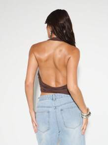 KIZN Áo crop top hở lưng nhún bèo thời trang cao cấp cho tiệc tùng mùa hè sang trọng, trang phục dạ hội câu lạc bộ, phòng chờ - màu nâu - Xem 2