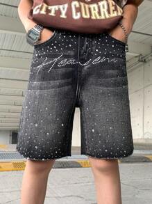 SHEIN 青少年男孩时尚休闲 Y2k 复古酷炫闪亮字母水钻设计黑色宽松牛仔短裤，柔软舒适，适合日常穿着，也适合秋冬季返校、返校节、锐舞派对、海滩街头穿着。闪亮水钻短裤，闪耀牛仔短裤。 - 黑色 - 查看 6