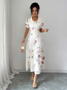 Elenzga 女士优雅设计杏色花卉印花 7 月 4 日独立日教师装短袖中长连衣裙 - 杏色 - 查看 5