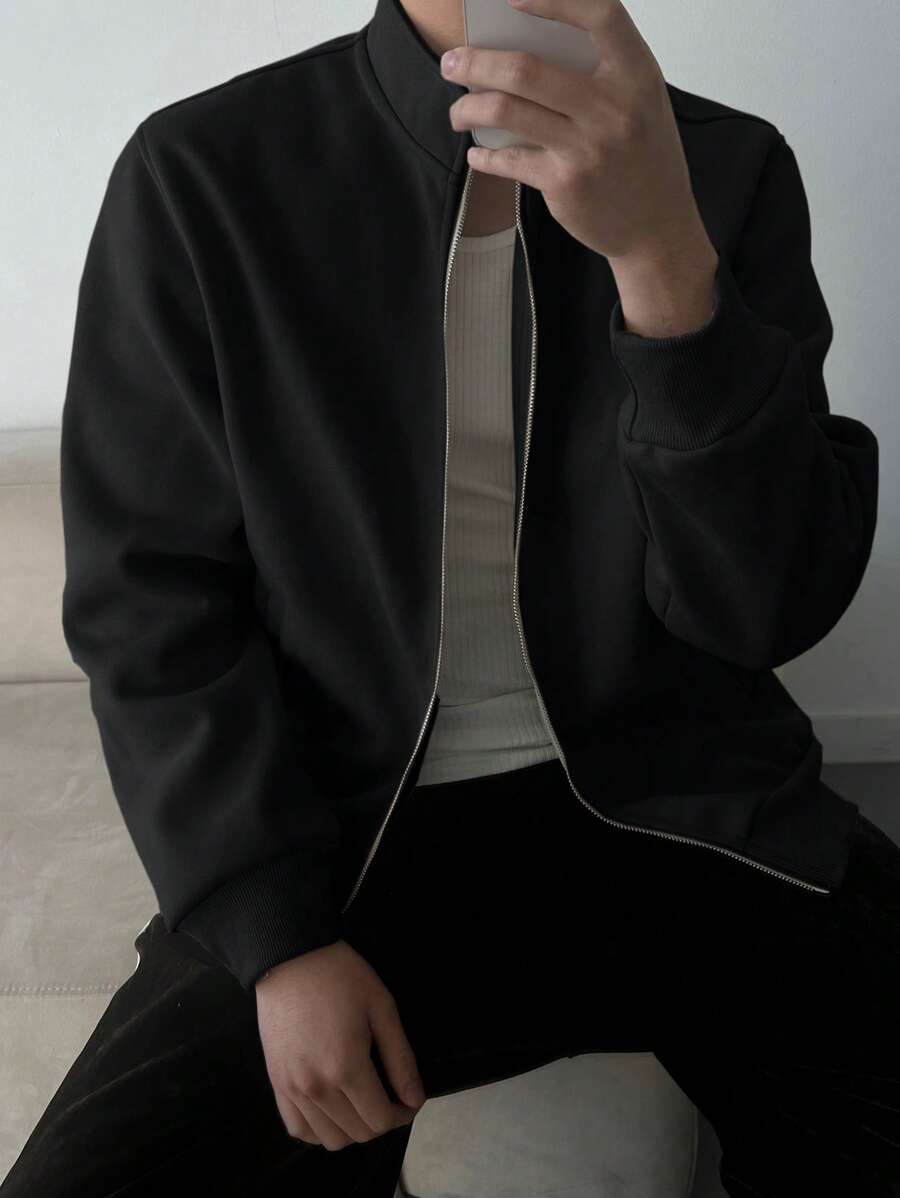 DAZY 男士纯色基本款连帽衫、运动衫和夹克外套秋冬 - 黑色 - 查看 1