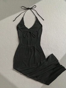 Soleia Women's Hollow Out Design Halter Neck Vacation Dress, Country Concert Outfit - Black - View 2