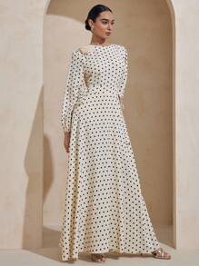 Graceveil 松紧腰系带波点花卉3D装饰宽松袖阿拉伯风格连衣裙 - 杏色 - 查看 3