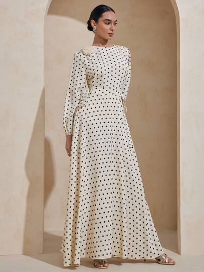 Graceveil Elastic Waist Tie-Up Polka Dot Floral 3D Decor Loose Sleeve Arabic Style Dress Modest Modest Polka Dot Dress