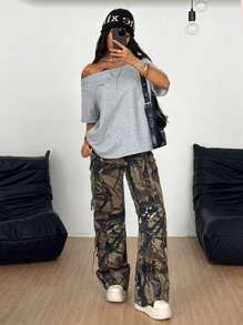 Coolane 女士夏季纯色露肩短袖休闲宽松T恤 - 灰色 - 查看 6