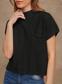 WESTFADE Mock Neck Short Sleeve Rib Knit Chest Pocket Sweater Top Western Wear Women - Black - View 4