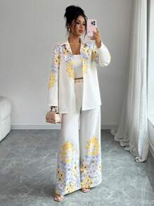 Modelyn 2件套女士花卉印花长袖单排扣衬衫和裤子套装 - 黃色 - 查看 6