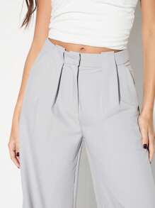 KIZN 褶皱阔腿裤 阔腿办公室裤 专业商务工作正式高腰正装裤 - 灰色 - 查看 3