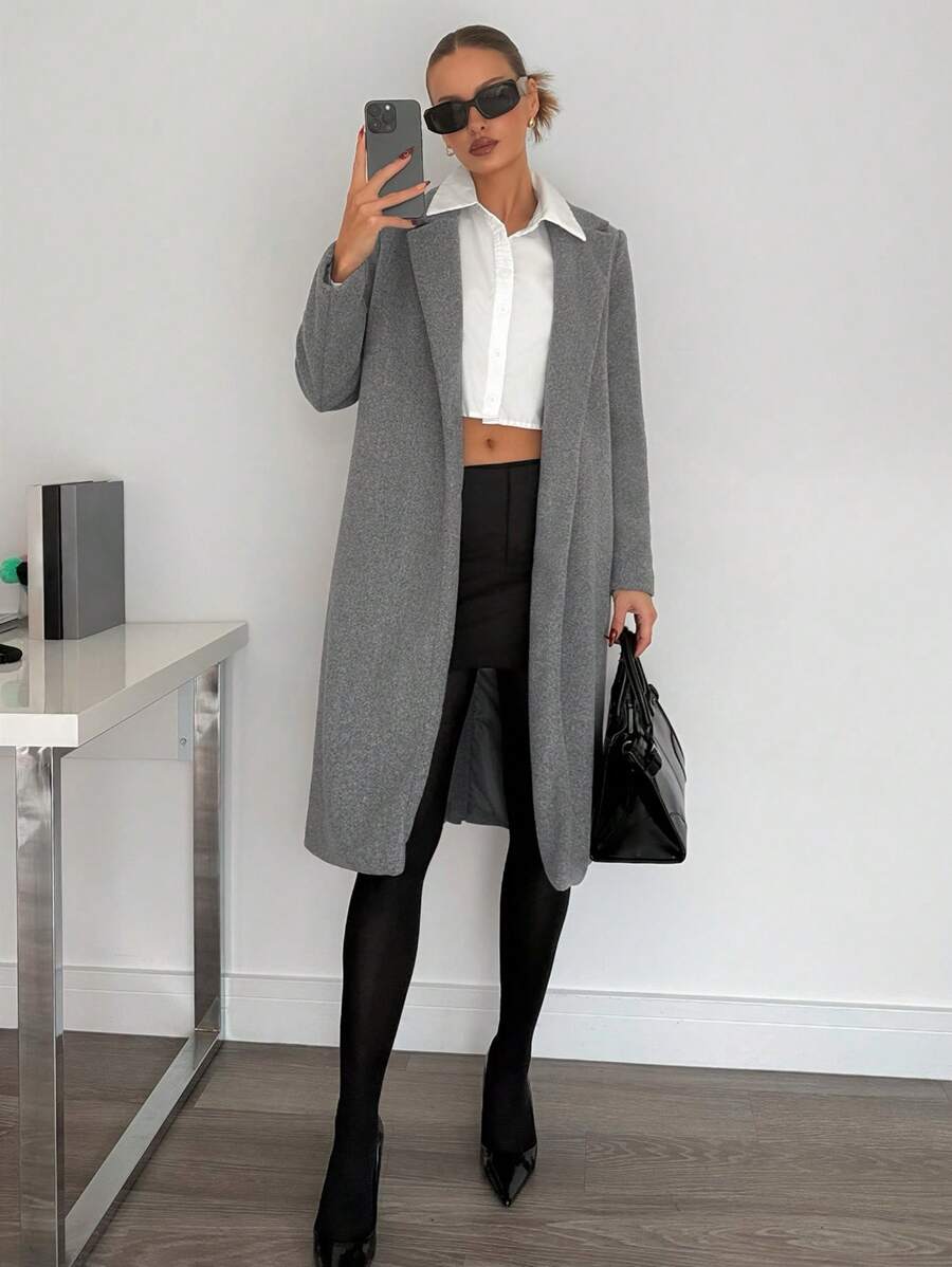 Siren Gaze Women's Gray Series Long Wool Coat, Women's Fall Clothing, Women's Jacket, Wool Blazer, Women's Outwear, Dark Gray Coat, Office Women's Clothing, Commuter Casual Women's Clothing, Gray Series Gray Winter - Grey - View 1