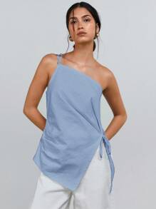 Athîral 女式夏季不对称下摆无袖牛仔吊带衫，配侧系带 - 藍色 - 查看 1