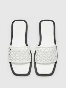 CUCCOO BIZCHIC Women's Square Toe Flat Sandals, Breathable, Comfortable, Versatile, Slip-On Woven Hollow-Out Slip-On Sandals For Spring And Summer Everyday Wear - White - View 2