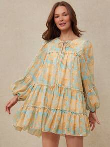 WESTFADE Summer Tie Neck Ruffle Long Sleeve Babydoll Mini Dress Beach Vacation - Multicolor - View 5