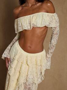 Glamine 2 件套蕾丝荷叶边度假浪漫海滩度假套装，夏季，度假风格浪漫蕾丝荷叶边不对称下摆单肩杏色两件套，乡村音乐会服装