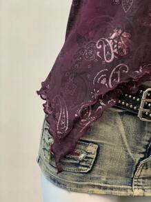 SHEIN EZwear Knitted Burgundy Retro Printed Mesh Camisole Top For Women - Burgundy - View 5