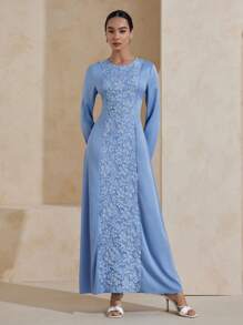 Graceveil Women's Woven Jacquard Patchwork Long Sleeve Slim Fit Sheath Dress - Blue - View 4