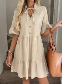 Easowa Women's Cotton Ruched Collar Ribbon Tie V Neck Multi Tier Ruffle Hem Splice Dress, Breathable & Soft