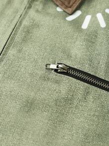 PAVTROS Manfinity Streetrush 男式太阳印花撞色翻领拉链前休闲绿色夹克男式夏季夹克图案夹克男式夏季夹克男式夏季夹克男式夏季夹克男式夹克工作夹克复古夹克印花夹克 - 軍綠色 - 查看 6