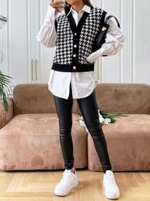 SHEIN EZwear Spring Houndstooth Print Vest Jacket Without Blouse In Fall/Winter - Black and White - View 8
