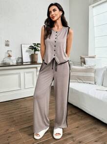 SHEIN Bộ đồ ngủ nữ gồm áo cardigan màu trơn đơn giản và quần dài, trang phục mặc nhà thường ngày - Màu Khaki - Xem 7