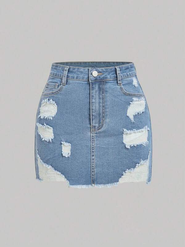 SHEIN PETITE Fustă creion din denim casual pentru femei, cu buzunare, tiv uzat și uzat, stil distorsionat