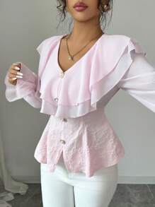 SHEIN Elenzya Áo cánh xếp nếp thanh lịch phong cách Hàn Quốc mới, tinh tế, cao cấp, áo sơ mi dài tay thêu ren ôm vừa vặn màu hồng cho nữ, mùa xuân và mùa thu - Hồng - Xem 6