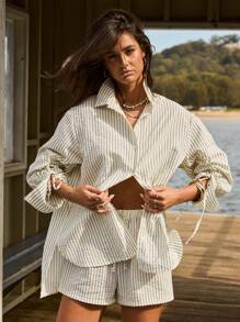 Aralina Women's Autumn/Winter Casual Textured Striped Oversized Button Up Drawstring Long Sleeve Shirt - Apricot - View 11