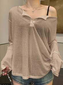 Dazy Plus Plain Crew Neck Partial Button Front Long Sleeve T-Shirt, Spring/Summer