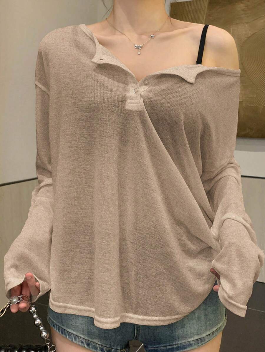 Dazy Plus Plain Crew Neck Partial Button Front Long Sleeve T-Shirt, Spring/Summer