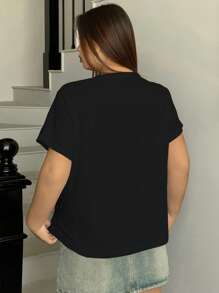 Dazy Plus Plus Size Women Casual Solid V-Neck Short Sleeve Loose Summer T-Shirt - Black - View 2