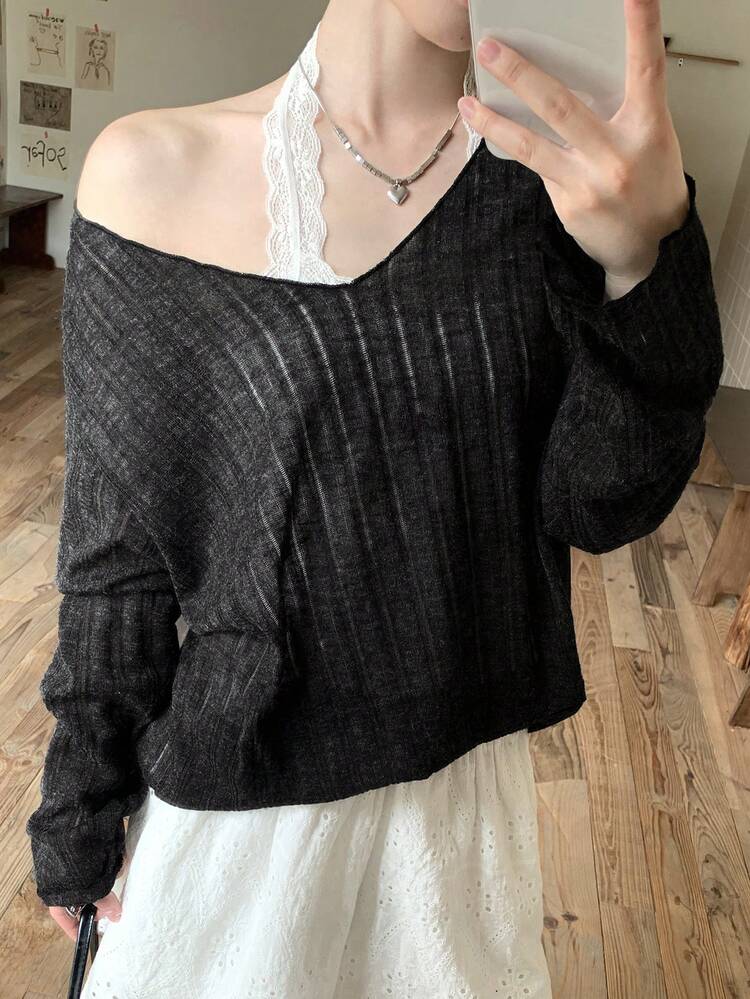 Women's V-Neck Loose Long Sleeve Sheer Sexy Basic T-Shirt, Summer