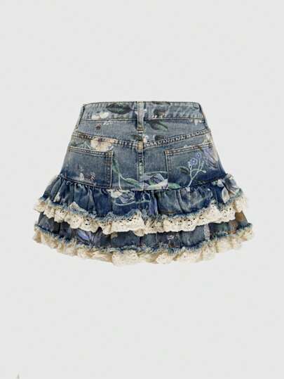 Fairycore Plus Size Retro Floral Print Vintage Wash Knee Length Skirt For Women