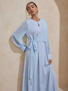 Graceveil Elegant Round Neck Long Sleeve Chiffon Patchwork Dress - Blue - View 7