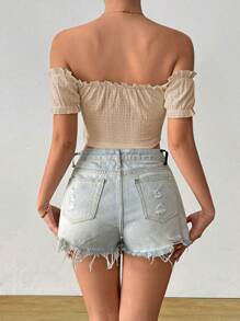 Chiquease Women's Solid Off Shoulder Textured Cropped Fashionable T-Shirt