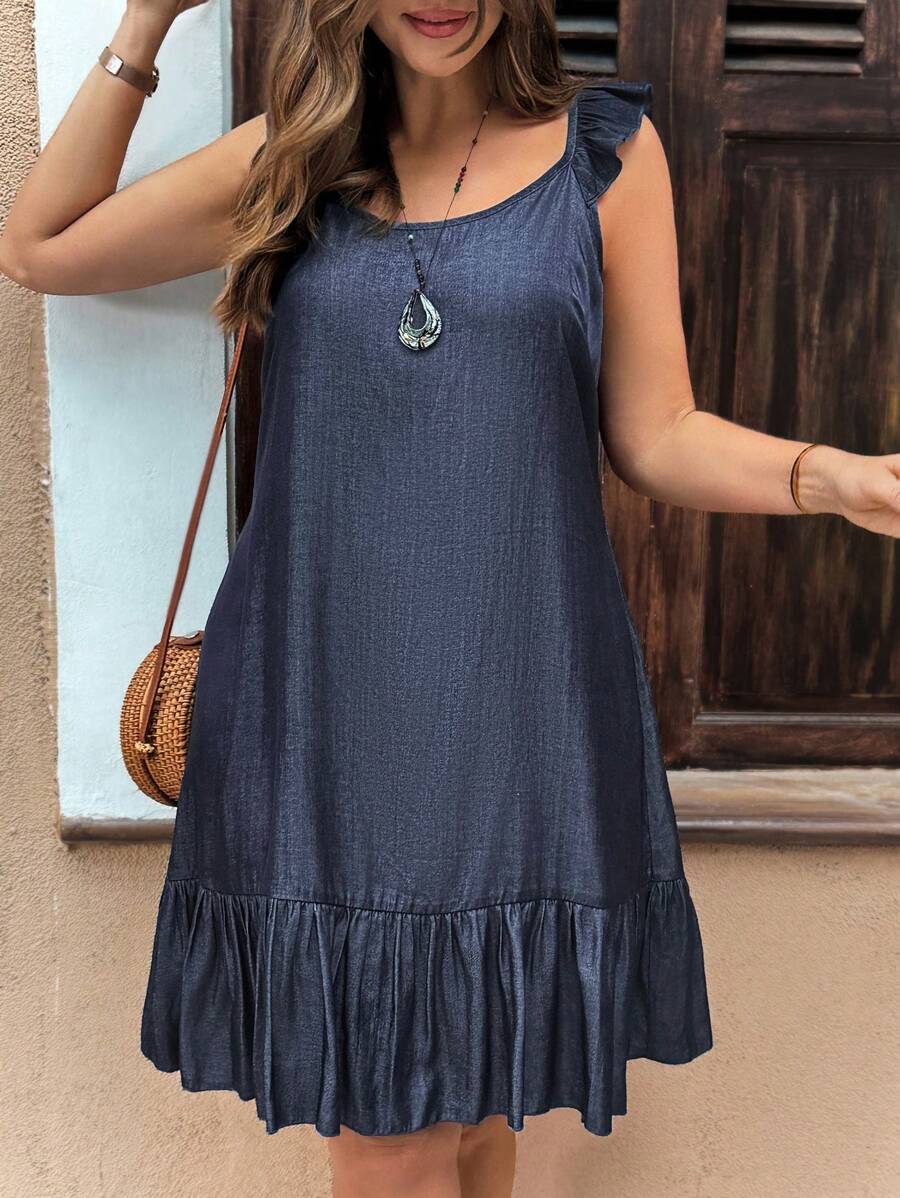 EMERY ROSE Plus Size Casual Ruffled Hem Loose Sleeveless Dress, Summer,Summer Outfits For Women,Vacation Outfits  For Women - Dusty Blue - View 1