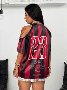 Coolane Áo thun cổ chữ V tay raglan hở vai họa tiết sọc số ngày thi đấu thể thao Y2K Blockcore dành cho nữ mùa xuân - Màu Đỏ Sâu - Xem 6