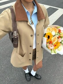 Muchica 女士休闲纽扣领拼色超大夹克，带口袋格子袖宽松拼色翻领口袋休闲长袖女士夹克秋冬 - 棕色 - 查看 3