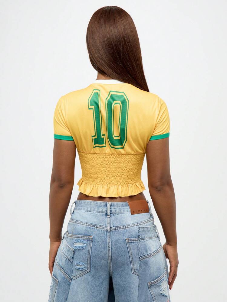 SUMWON WOMEN Logo Smocked Waist Retro Crop Ruffled Hem Top