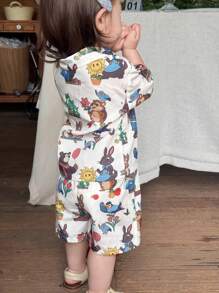 Hapijoa 2件套幼儿女孩卡通全印花休闲衬衫和短袖家居服套装 - 白色 - 查看 3