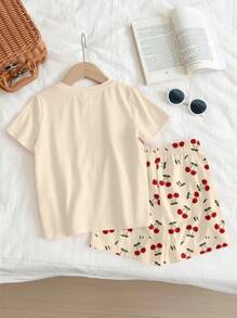 2件套可爱迷你樱桃印花，“樱桃女孩”，水果流行，少女休闲简约短袖上衣和短裤套装，适合夏季，休闲假期，海滩周末，可爱的夏季服装，夏季儿童用品，韩式风格，海滩模式，夏季出游物品 - 彩色 - 查看 4