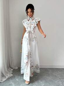 Chiquease 女式优雅复古花卉印花无袖系带长裙 - 彩色 - 查看 3