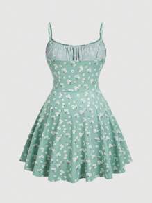 SHEIN EZwear 薄荷绿色碎花加大码雪纺连衣裙 - 薄荷綠 - 查看 2