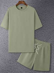 Manfinity Homme 2pcs/Set Plus Size Men Solid Color Short Sleeve T-Shirt And Shorts, Cozy Outfits - Army Green - View 2