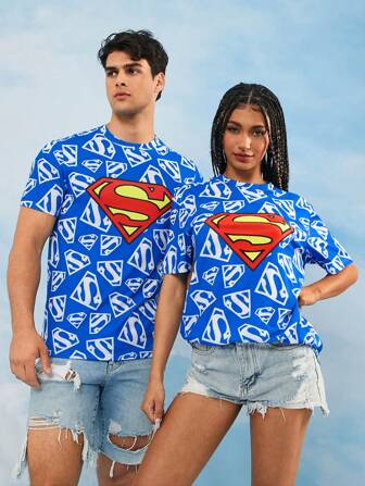 SUPERMAN X SHEIN T-shirt à manches courtes col rond bleu pour homme avec motif badge