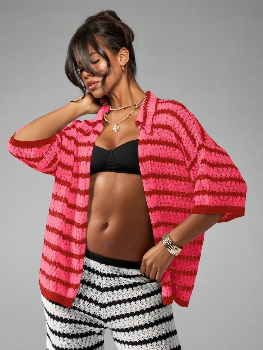 MISSGUIDED Lightweight Crochet Cardigan Three Quarter Sleeve Summer Beach Cover Up Resort Wear Knit Sweater Spring Holiday Vacation Lounge Wear - Multicolor - View 1