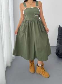 POPSWAY Đầm yếm nữ cỡ lớn kiểu dáng thường ngày - xanh quân đội - Xem 3