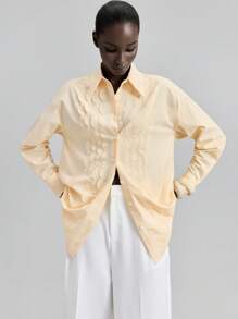 Ontre 2025 女士宽松波浪下摆衬衫，优雅百搭的春季休闲衬衫，欧洲夏季商务休闲装，海滩度假装，生日派对装，教师装，奶油黄色办公室装 - 黃色 - 查看 4