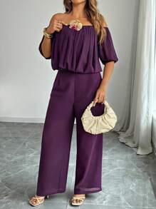 Flirla Plus Size Women Off Shoulder Top And Pants Two Pieces Set - Purple - View 6