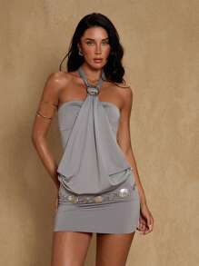 Glamine Women's Solid Color Pleated Slim Fit Sexy Short Halter Dress Women Summer Outfit Dress Cowgirl Outfit Women Coastal Cowgirl Outfit Cowgirl Outfits For Women Concert Summer California Hot Girl Hanging Neck Dress Summer Hot Girls Shopping And Dating Dress Y2k Clothes Streetwear Women Fourth Of July Fall Women Clothes Resort Wear 2025 Havana Nights Outfit