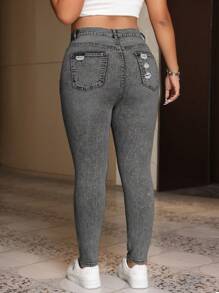 SHEIN EZwear 加大高腰破洞修身牛仔褲