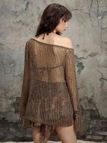 ROMWE Grunge Punk 女式 Y2K 复古做旧超大不对称领口镂空针织上衣针织套头衫秋冬