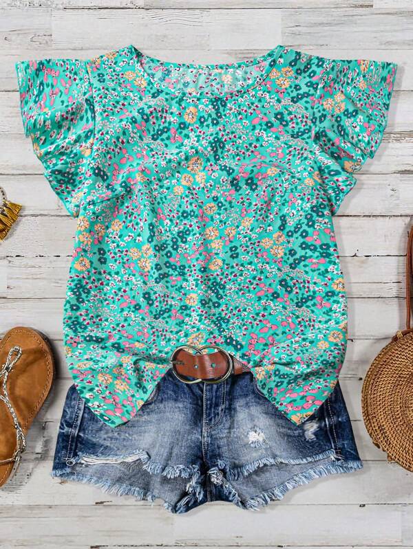 EMERY ROSE Women's Ditsy Floral Regular Fit Vacation Daily Casual Commute Ruffle Sleeve Blouse